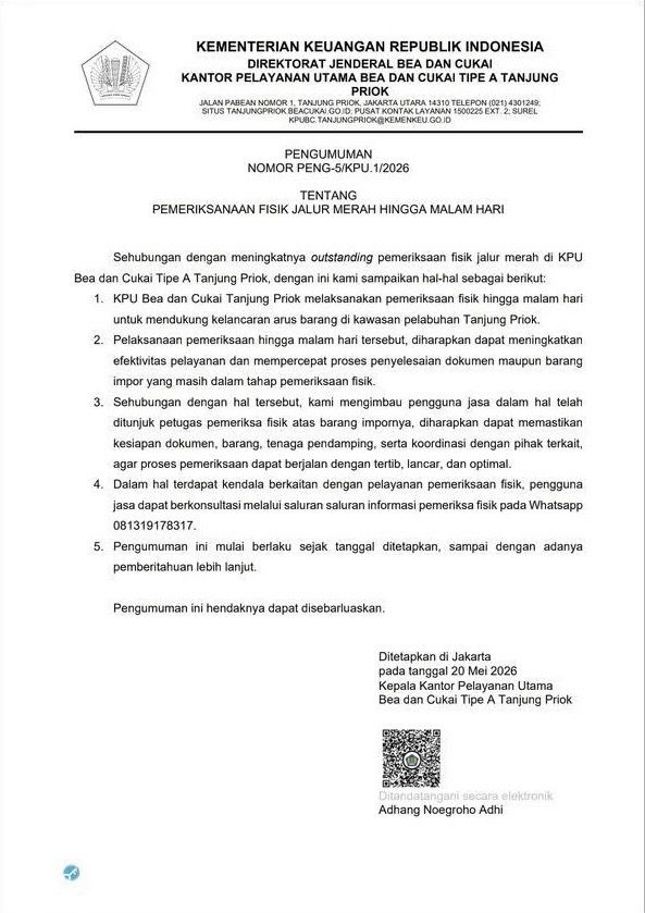 Pengumuman tentang Pemeriksaan Fisik Jalur Merah hingga Malam Hari
